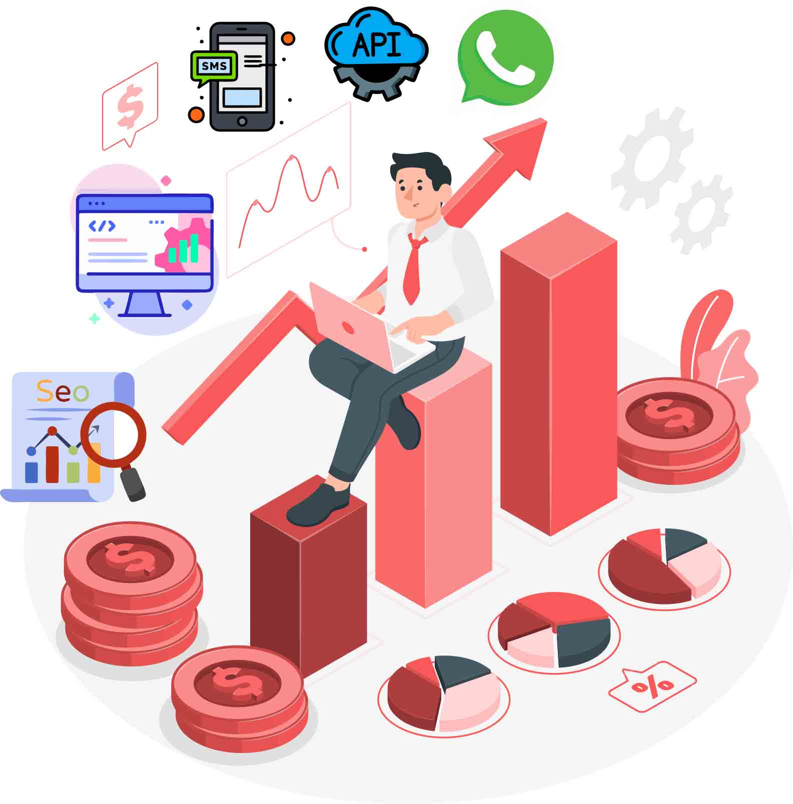 Illustration of a developer working at a desk with a computer, code icons, plants and office supplies